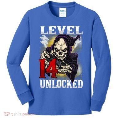 14th Birthday Gamer Skeleton Level 14 Unlocked Gaming Gift Kids Long Sleeve Shirt