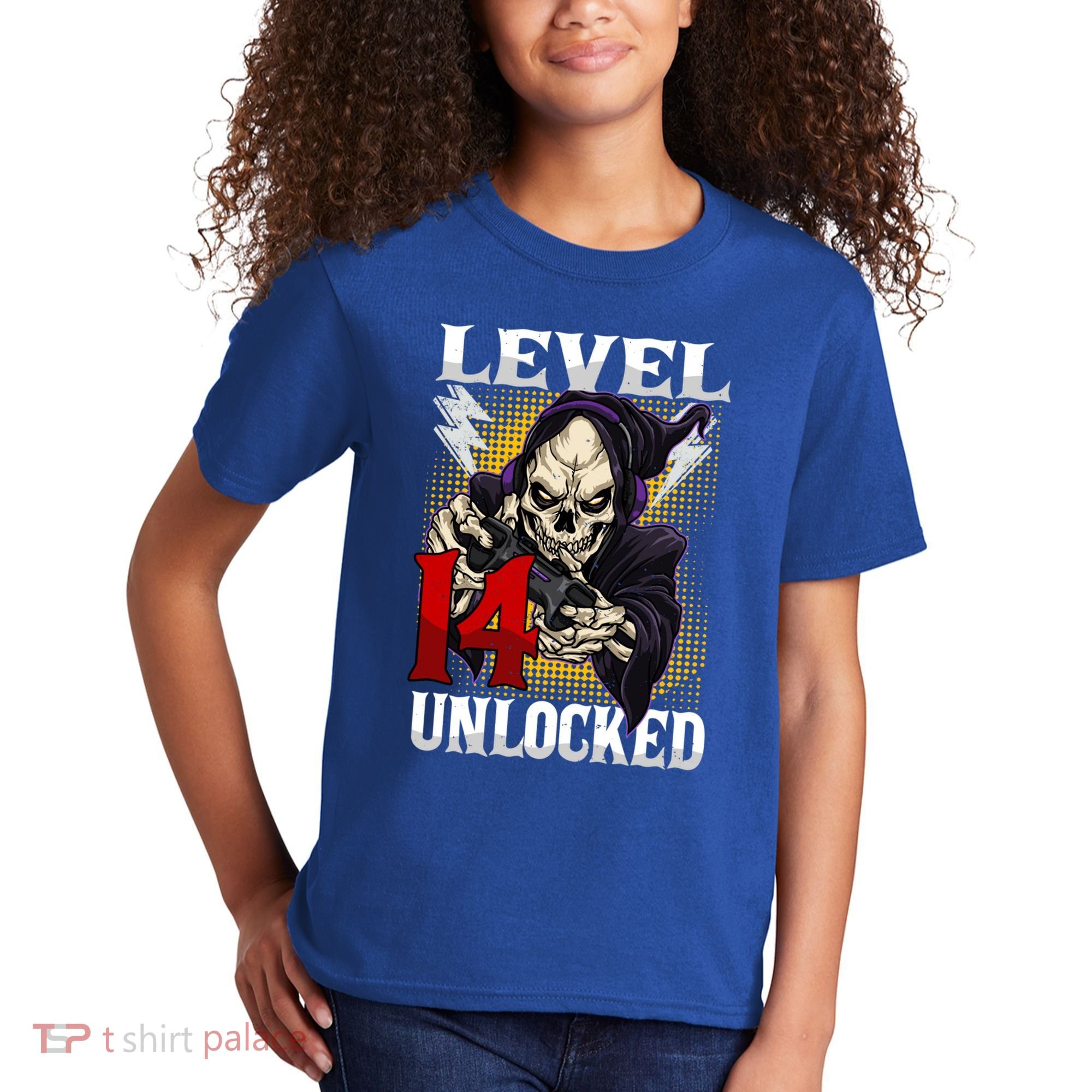 14th Birthday Gamer Skeleton Level 14 Unlocked Gaming Gift Kids T-Shirt