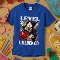 14th Birthday Gamer Skeleton Level 14 Unlocked Gaming Gift Kids T-Shirt thumb 3