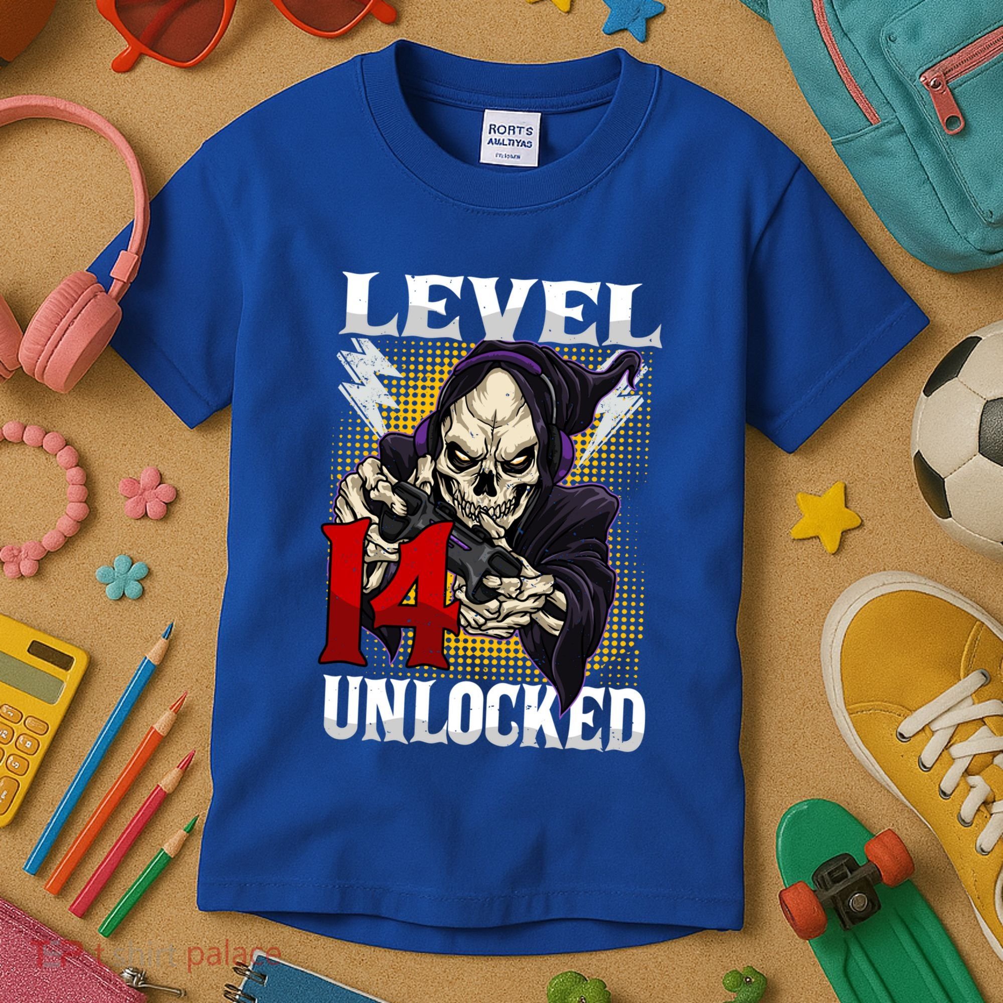 14th Birthday Gamer Skeleton Level 14 Unlocked Gaming Gift Kids T-Shirt