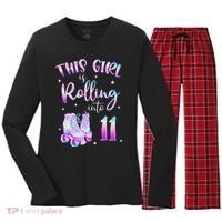 11th Bday Rolling Into 11 Birthday Girl Roller Skate Party Women's Long Sleeve Flannel Pajama Set  thumb 0