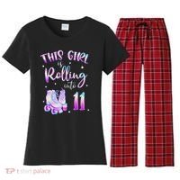 11th Bday Rolling Into 11 Birthday Girl Roller Skate Party Women's Flannel Pajama Set thumb 0