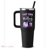 11th Bday Rolling Into 11 Birthday Girl Roller Skate Party 40oz Vacuum Insulated Stainless Steel Travel Tumbler thumb 2