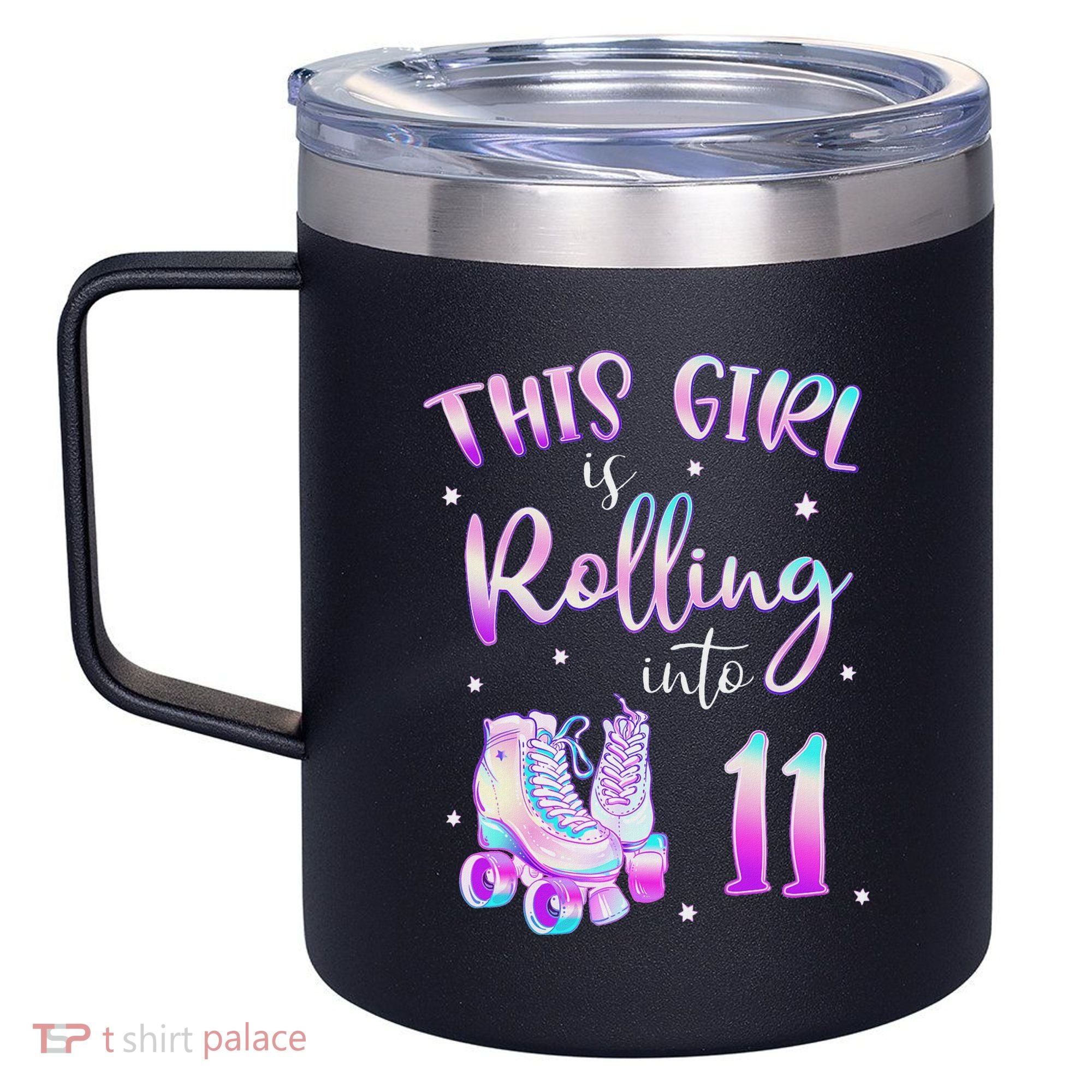 11th Bday Rolling Into 11 Birthday Girl Roller Skate Party 12oz Stainless Steel Coffee Mug