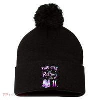 11th Bday Rolling Into 11 Birthday Girl Roller Skate Party Pom Pom 12in Knit Beanie thumb 0