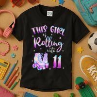 11th Bday Rolling Into 11 Birthday Girl Roller Skate Party Kids T-Shirt thumb 3