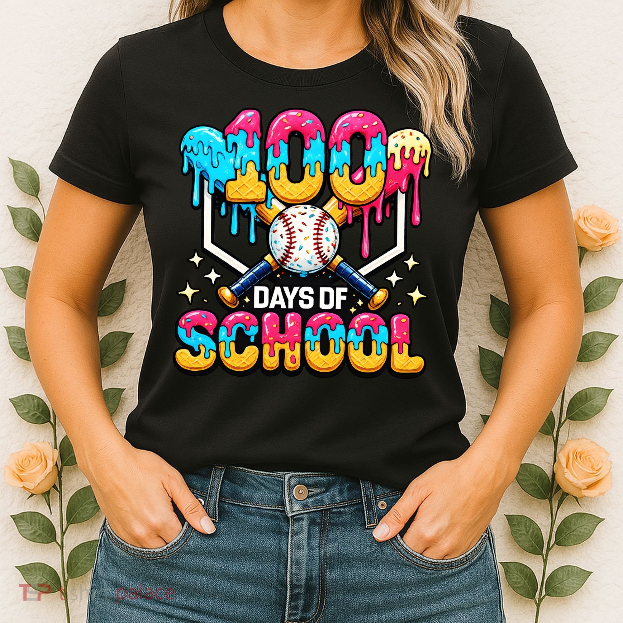 100 Days Of School Baseball Drip 100th Day Women's T-Shirt