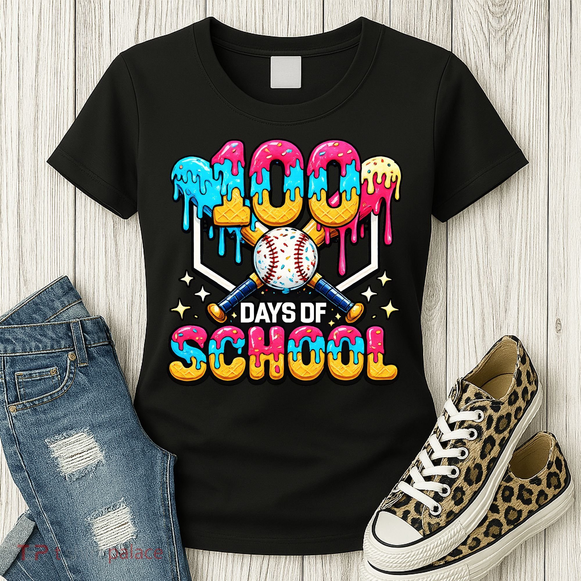 100 Days Of School Baseball Drip 100th Day Women's T-Shirt