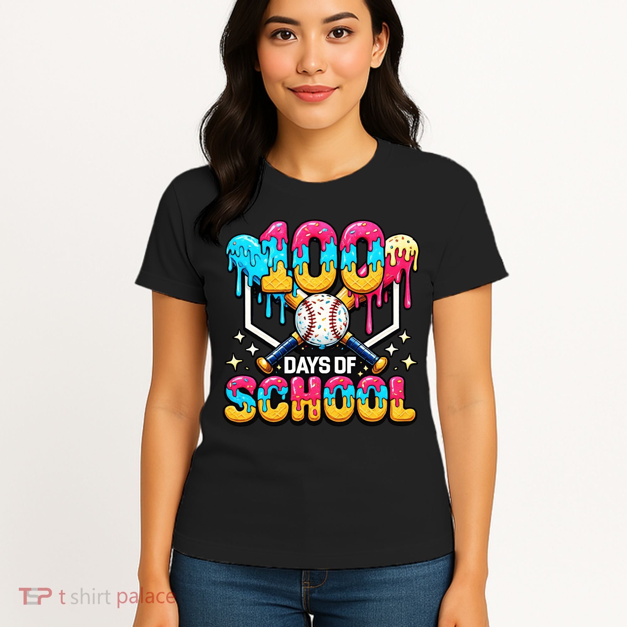 100 Days Of School Baseball Drip 100th Day Women's T-Shirt