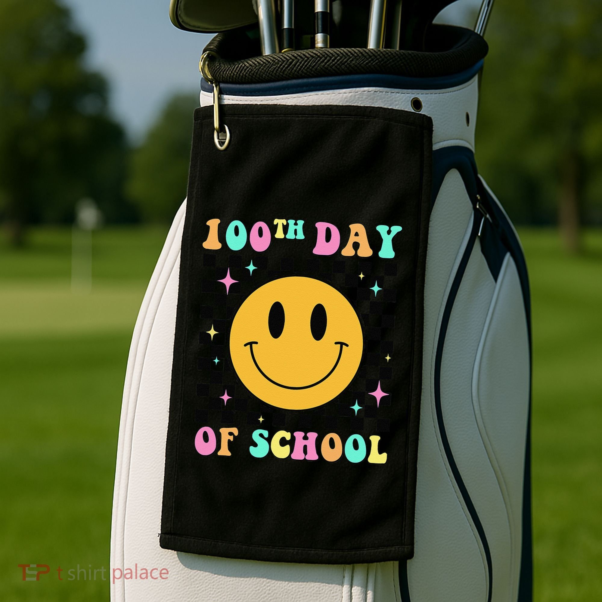 100th Day Of School Vibes Funny Smile Face 100 Days School Golf Towel