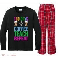 100 Days Of School Coffee Teach Repeat Kids Long Sleeve Plaid Pajama Set thumb 0