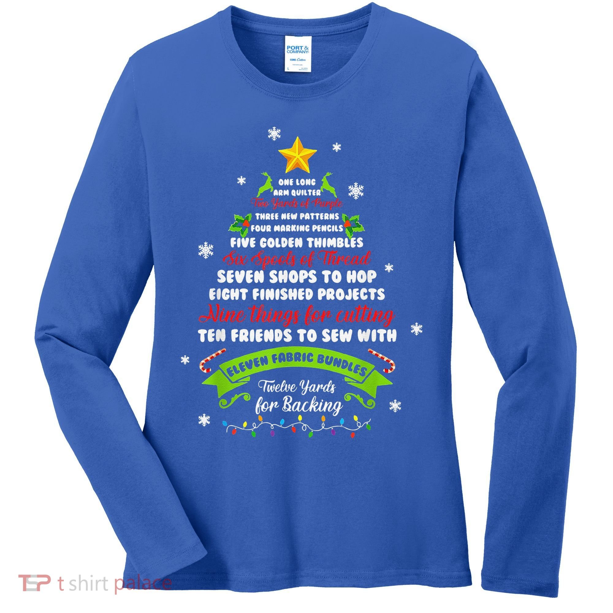 12 Days Of Christmas Funny Quilting Sewing Xmas Tree Lights Women's Long Sleeve Shirt