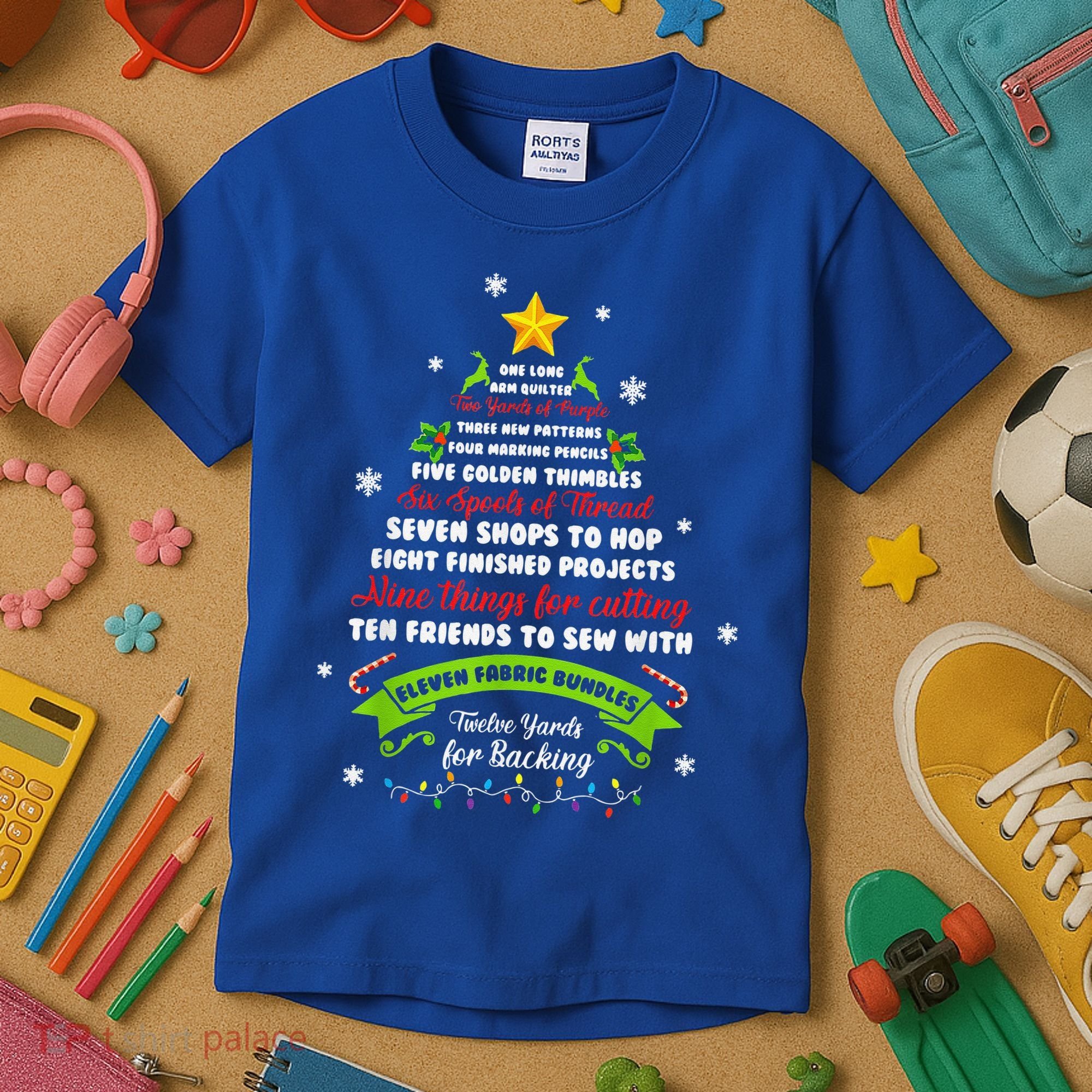 12 Days Of Christmas Funny Quilting Sewing Xmas Tree Lights Kids T-Shirt