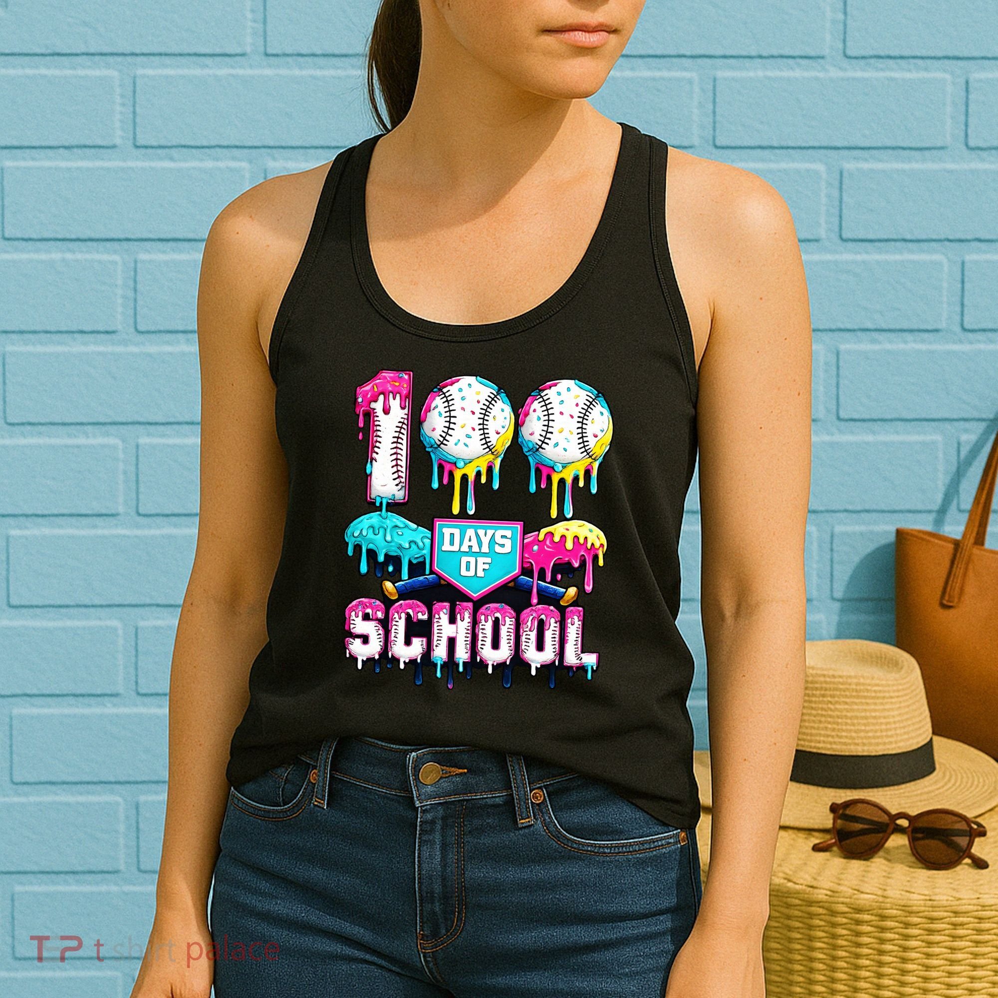 100 Days Of School 100th Day Ice Cream Drip Baseball Women's Tank Top