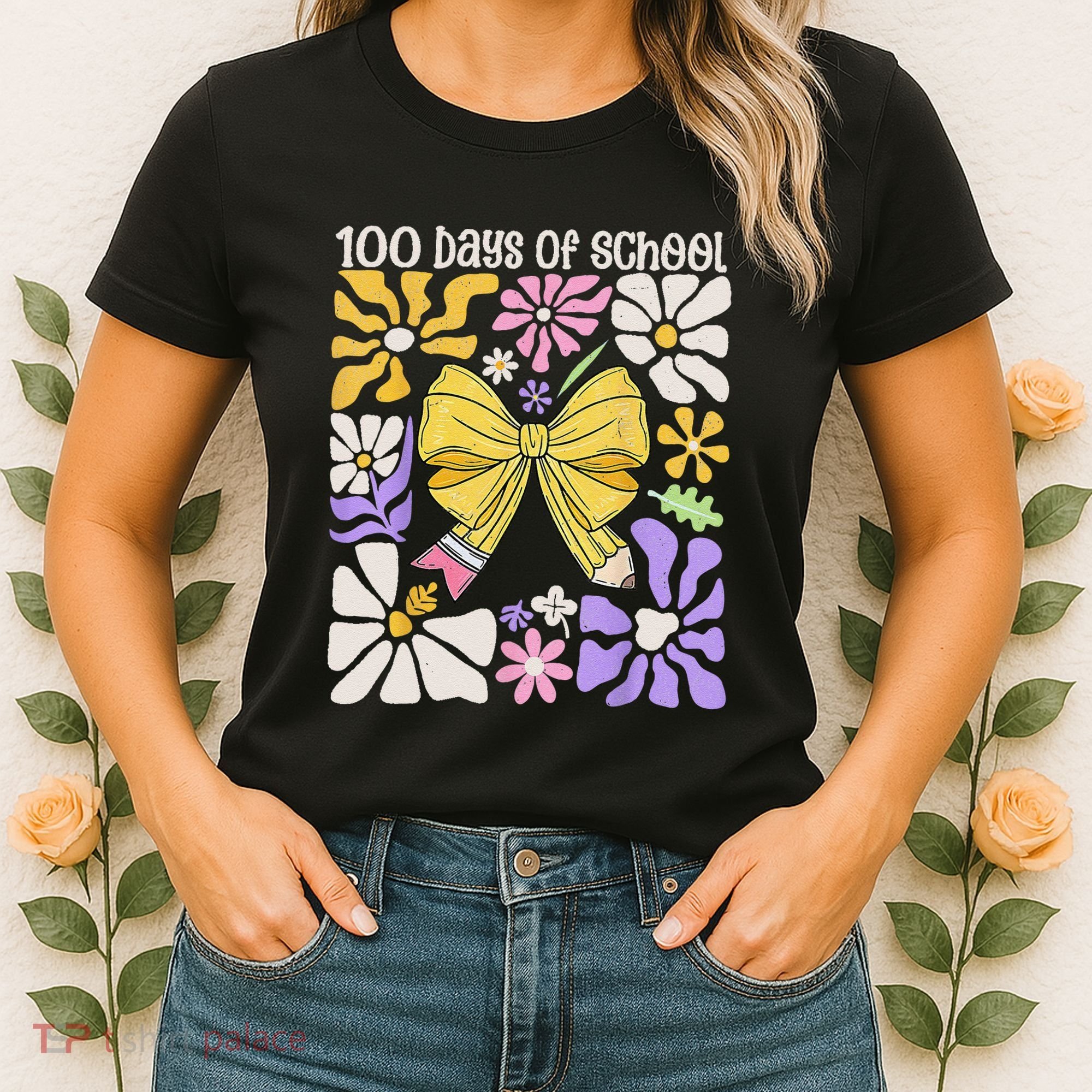 100 Days Of School Coquette Teacher 100th Day Groovy Boho Women's T-Shirt