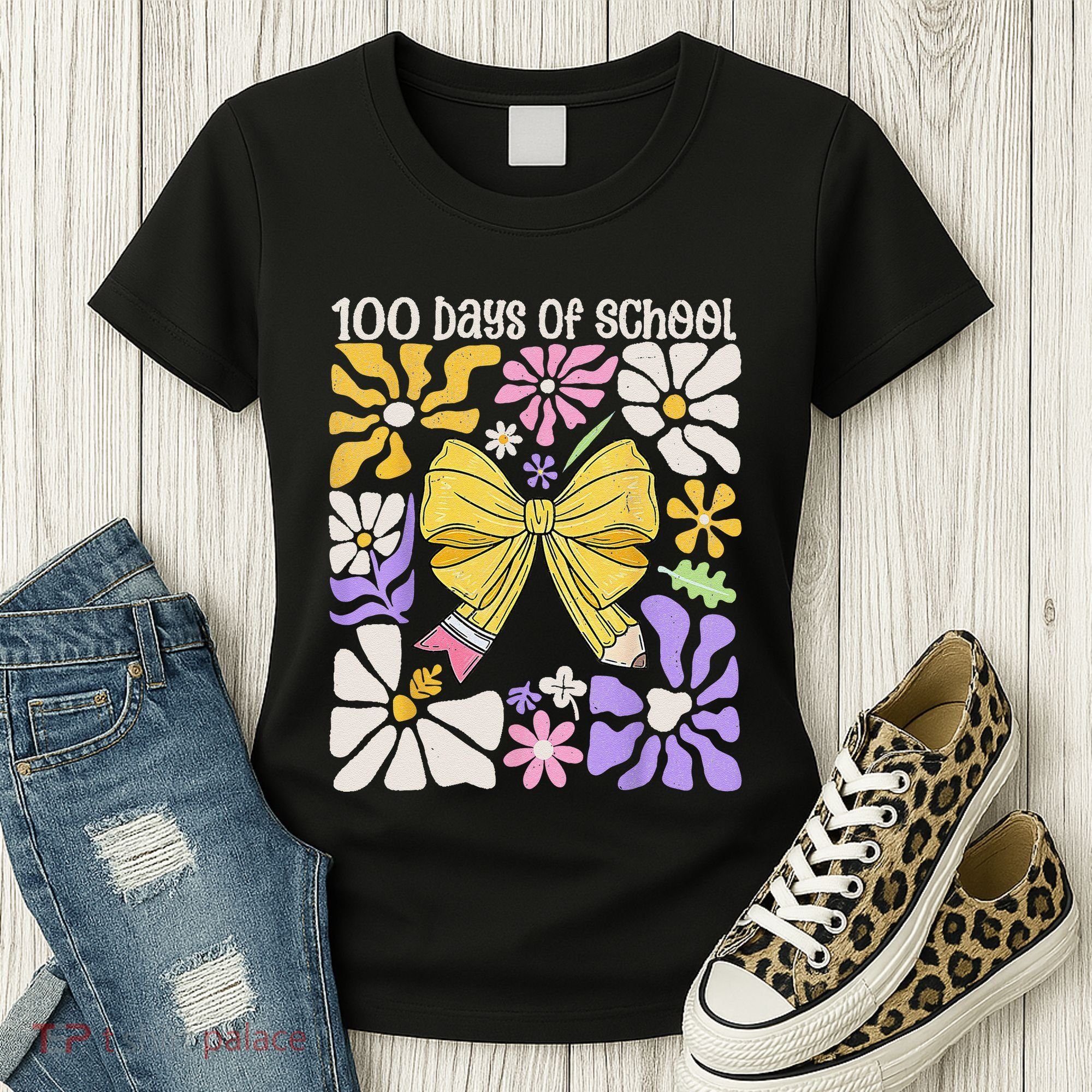 100 Days Of School Coquette Teacher 100th Day Groovy Boho Women's T-Shirt