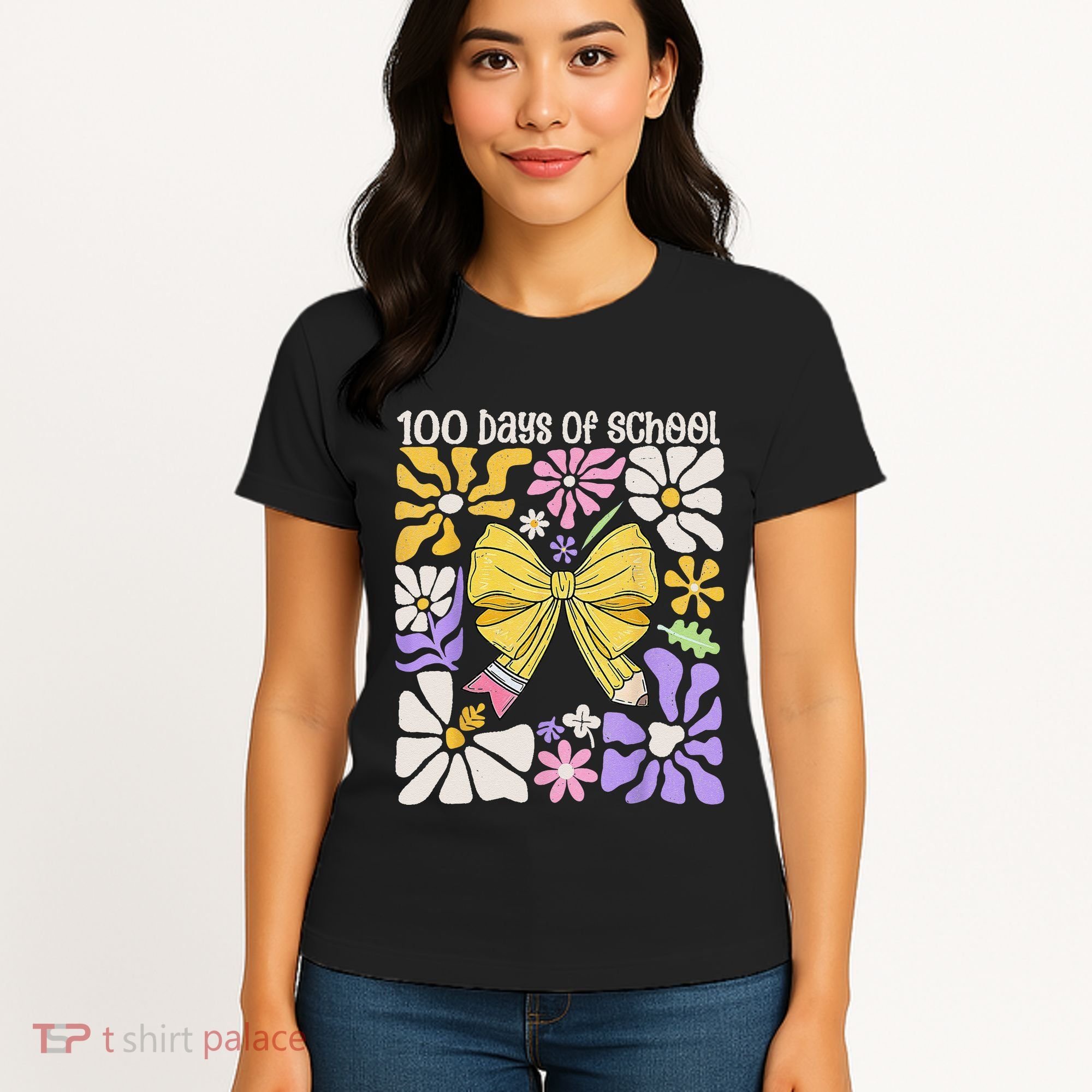 100 Days Of School Coquette Teacher 100th Day Groovy Boho Women's T-Shirt