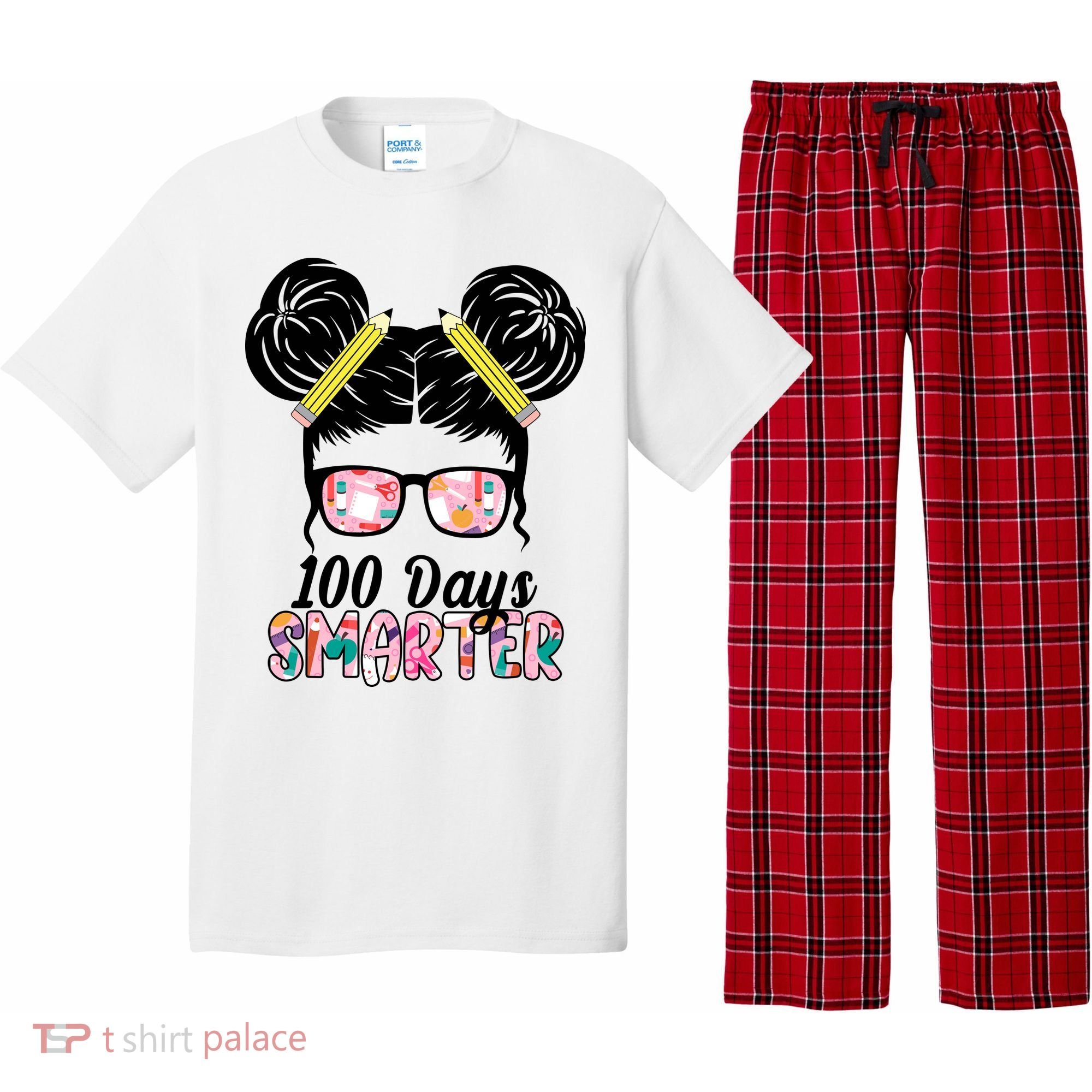 100 Days Smarter Student Hair Bun Pajama Set