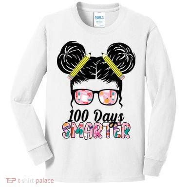 100 Days Smarter Student Hair Bun Kids Long Sleeve Shirt