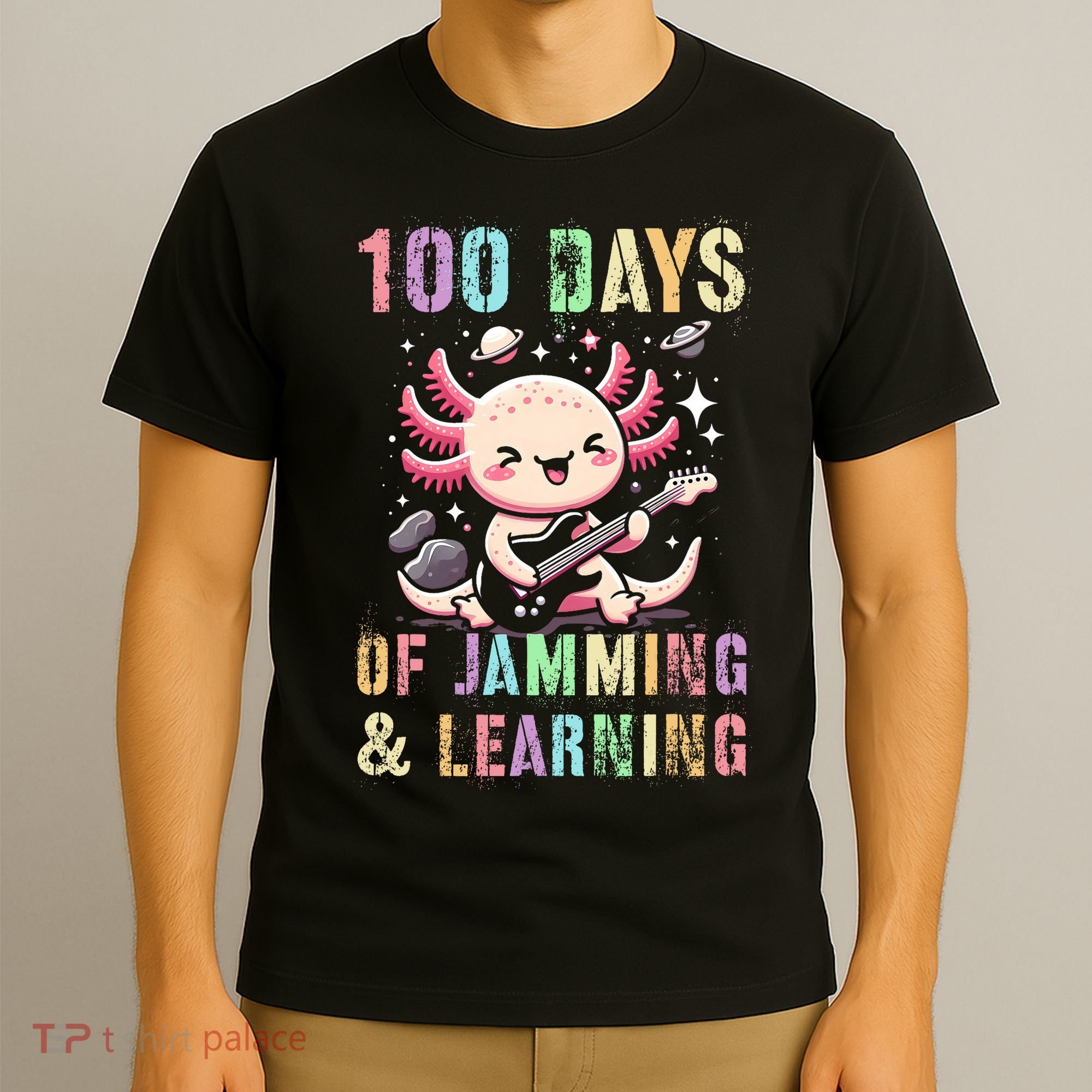  100 DAYS School JAMMING LEARNING Axolotl Rock Star T-Shirt