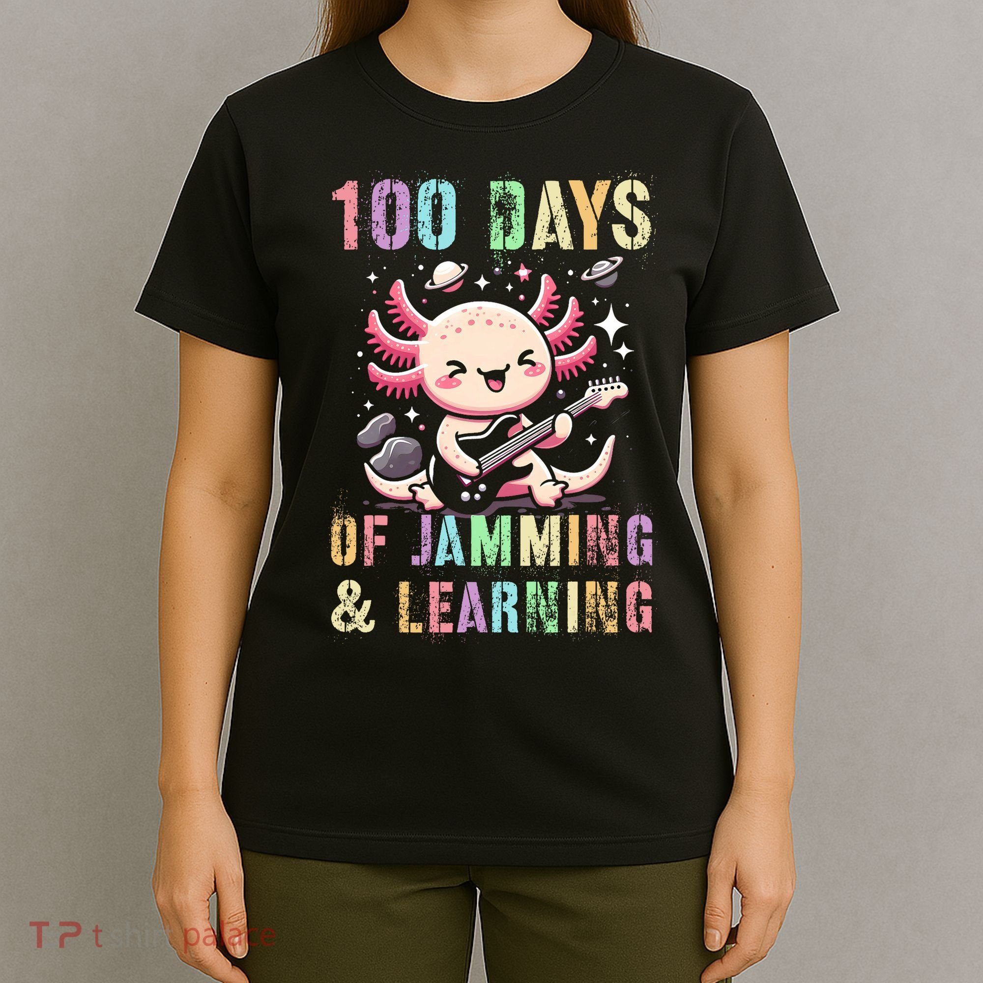  100 DAYS School JAMMING LEARNING Axolotl Rock Star T-Shirt