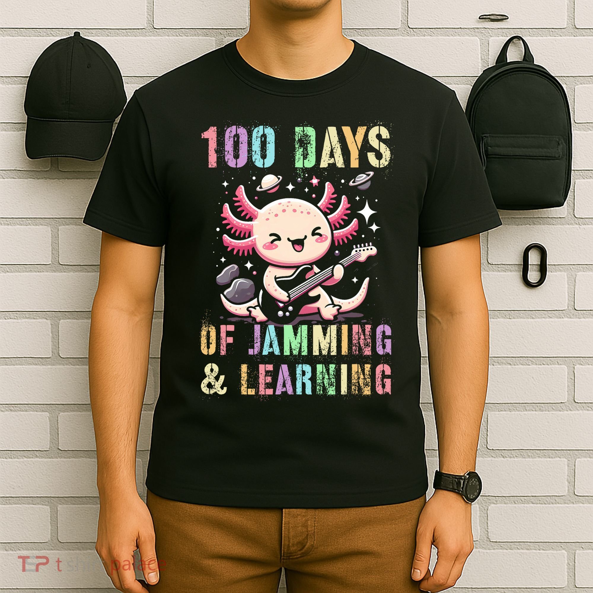  100 DAYS School JAMMING LEARNING Axolotl Rock Star T-Shirt