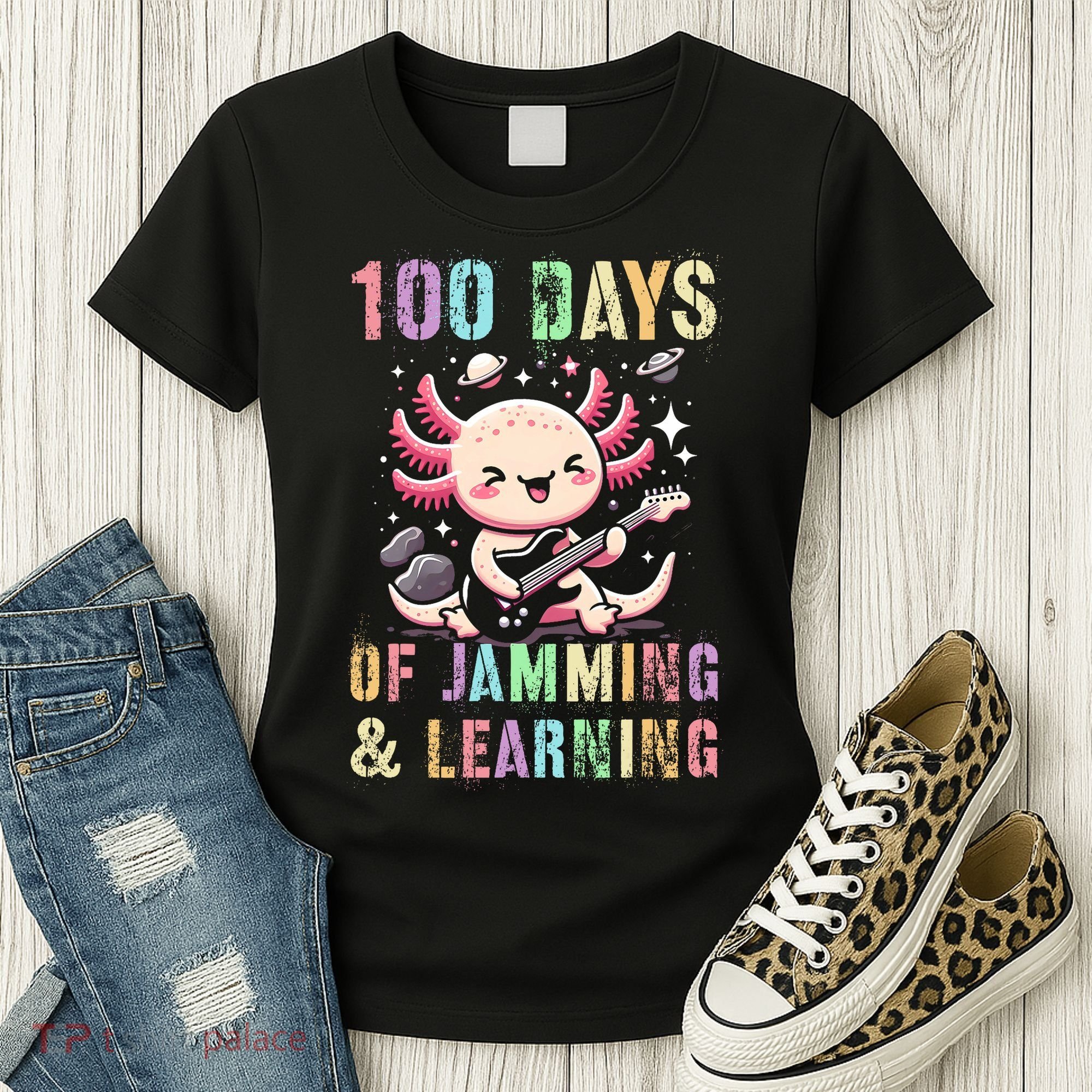  100 DAYS School JAMMING LEARNING Axolotl Rock Star Women's T-Shirt