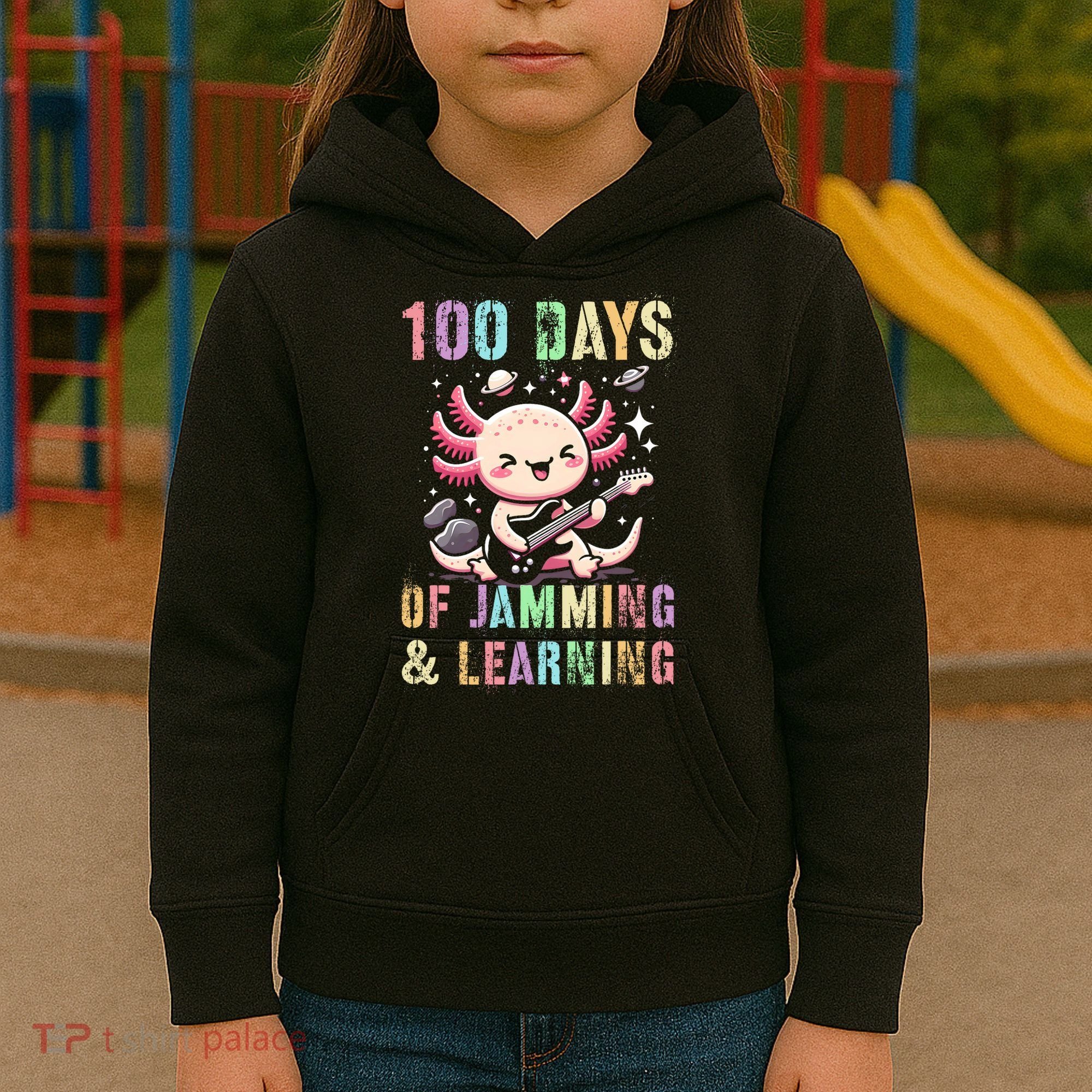  100 DAYS School JAMMING LEARNING Axolotl Rock Star Kids Hoodie