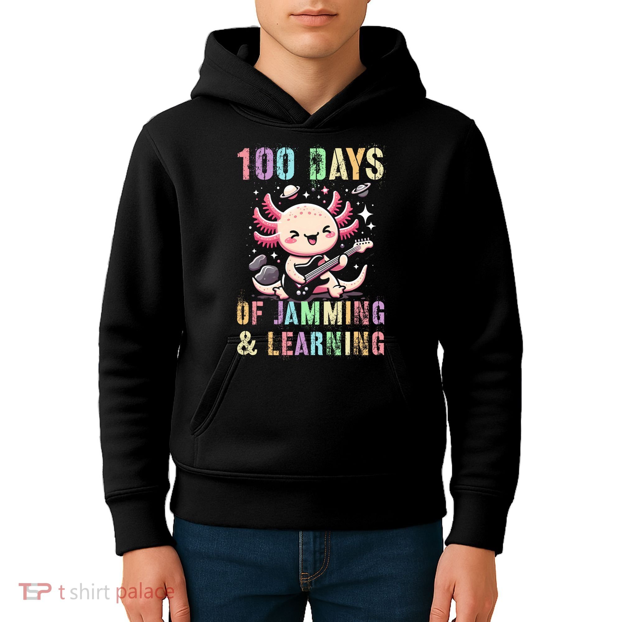  100 DAYS School JAMMING LEARNING Axolotl Rock Star Kids Hoodie