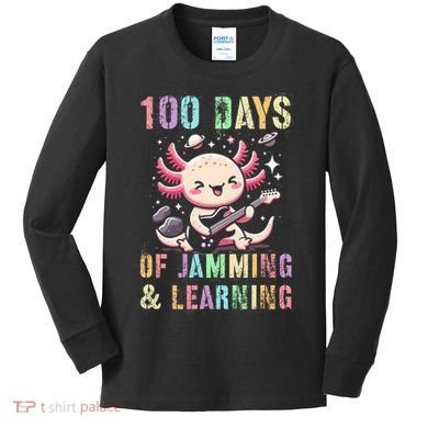  100 DAYS School JAMMING LEARNING Axolotl Rock Star Kids Long Sleeve Shirt