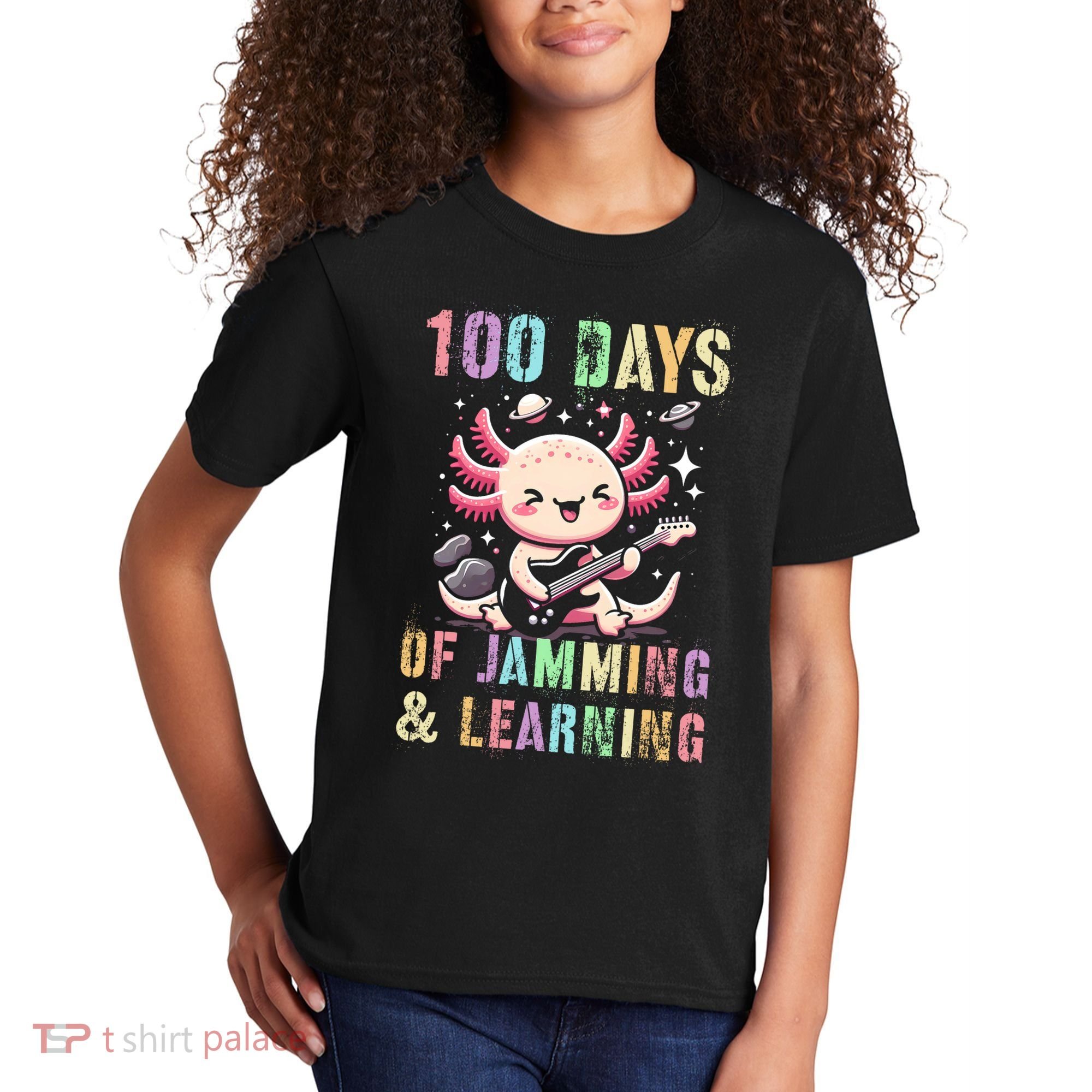  100 DAYS School JAMMING LEARNING Axolotl Rock Star Kids T-Shirt
