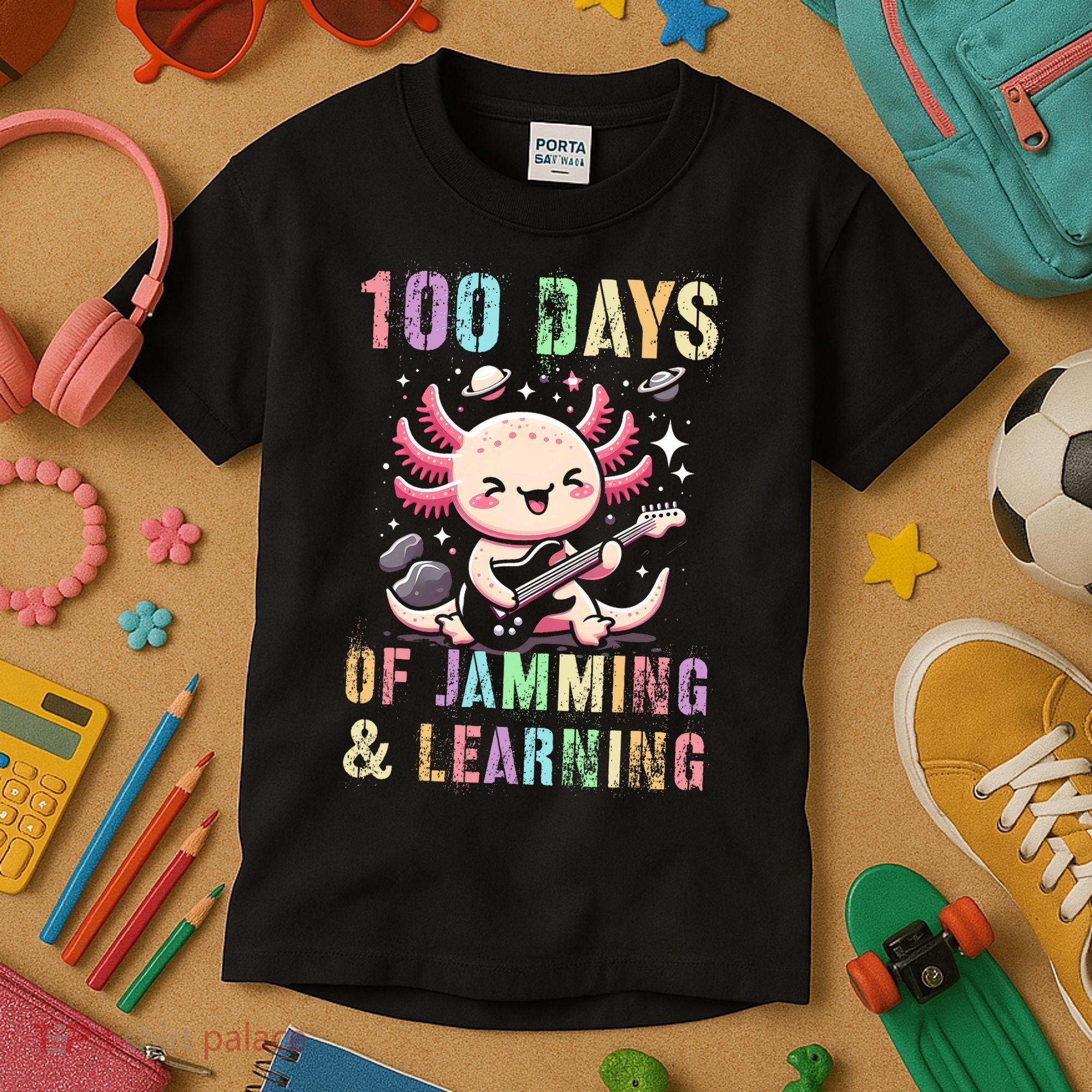  100 DAYS School JAMMING LEARNING Axolotl Rock Star Kids T-Shirt