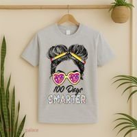100 Days Smarter Girls Messy Bun Hair 100th Day Of School T-Shirt thumb 2