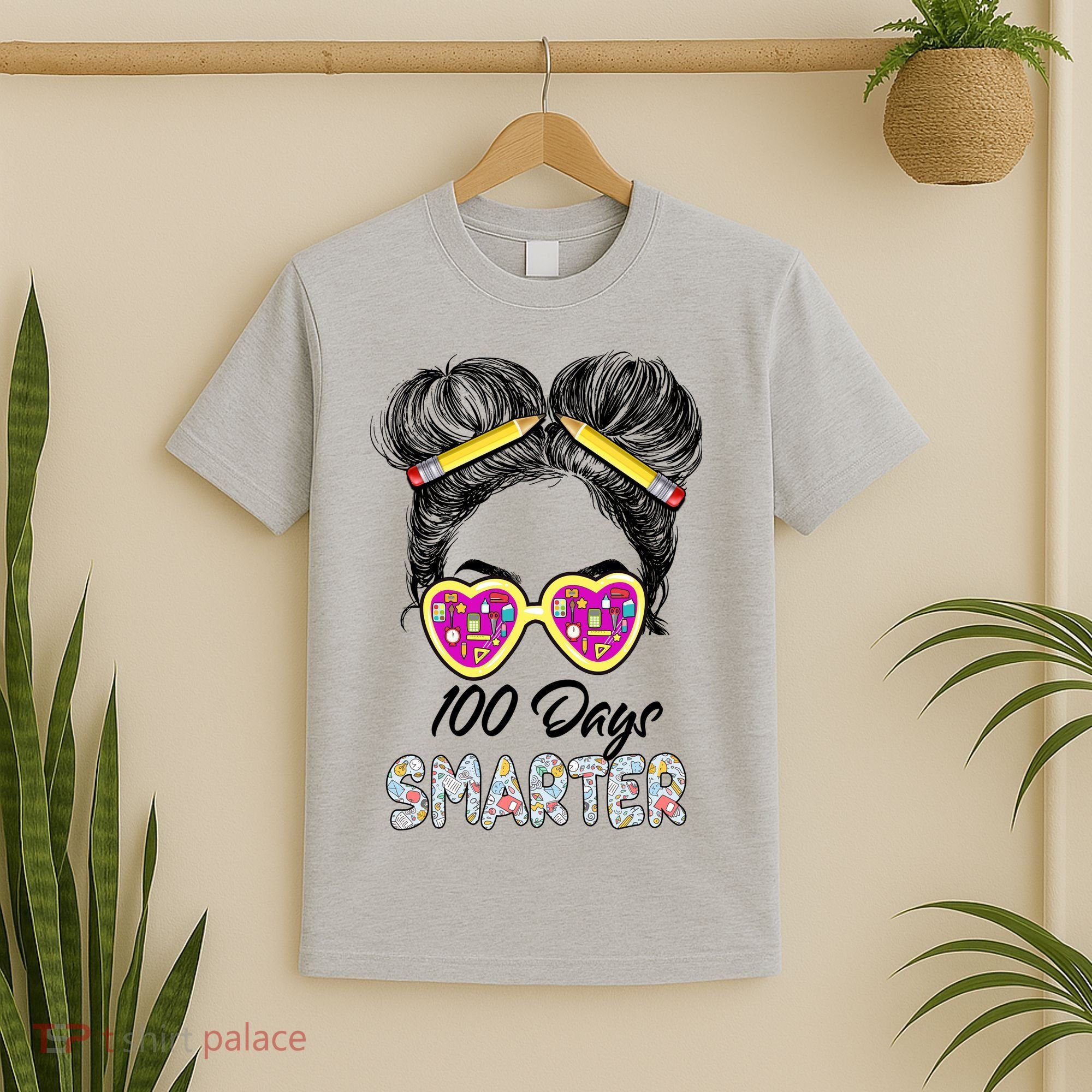 100 Days Smarter Girls Messy Bun Hair 100th Day Of School T-Shirt