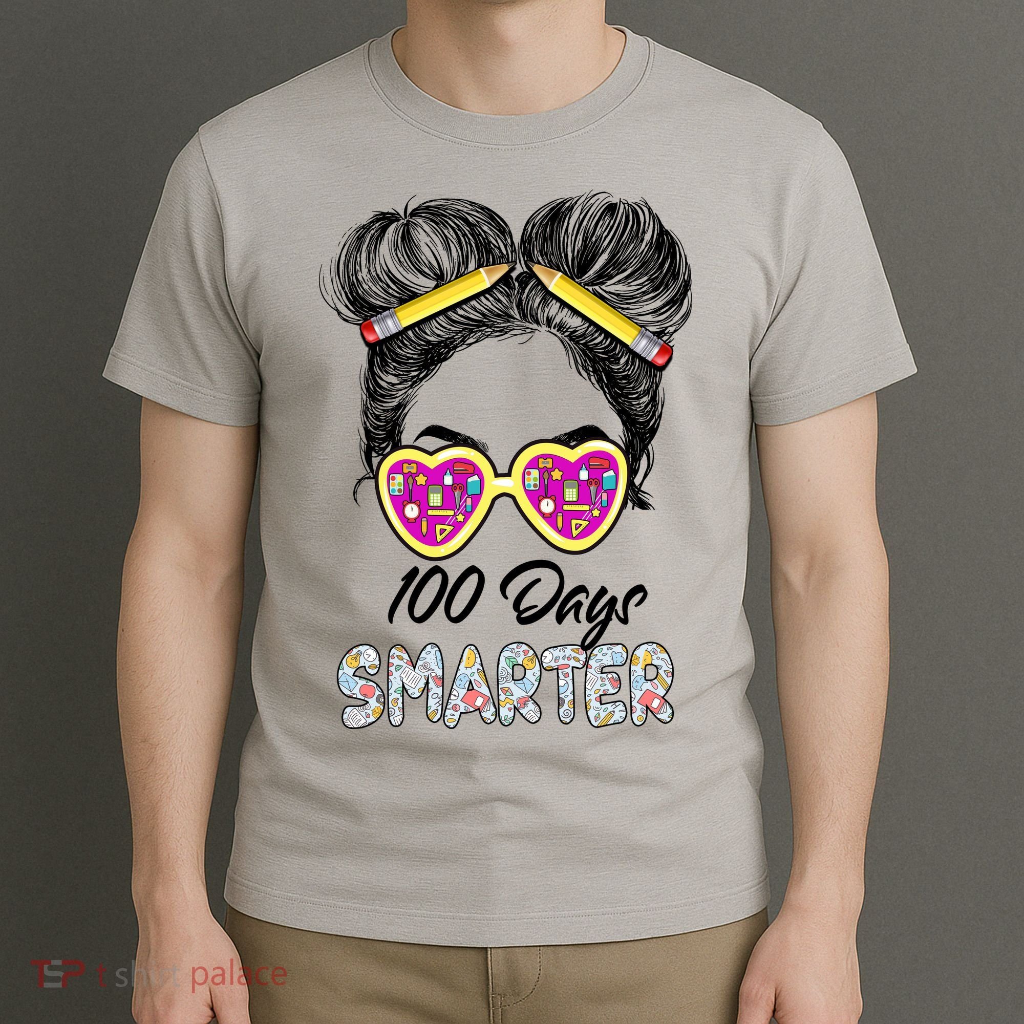 100 Days Smarter Girls Messy Bun Hair 100th Day Of School T-Shirt