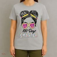 100 Days Smarter Girls Messy Bun Hair 100th Day Of School T-Shirt thumb 4