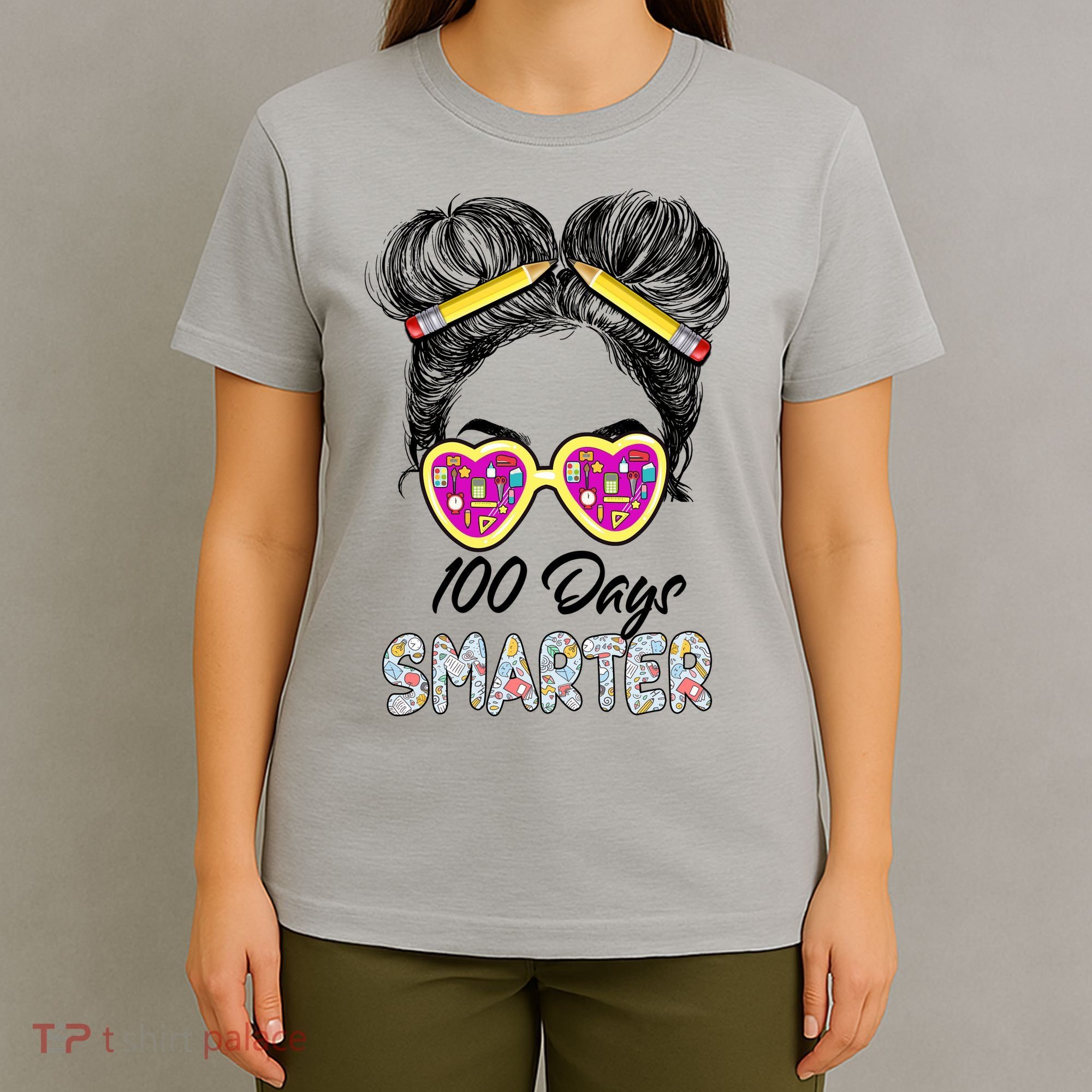 100 Days Smarter Girls Messy Bun Hair 100th Day Of School T-Shirt