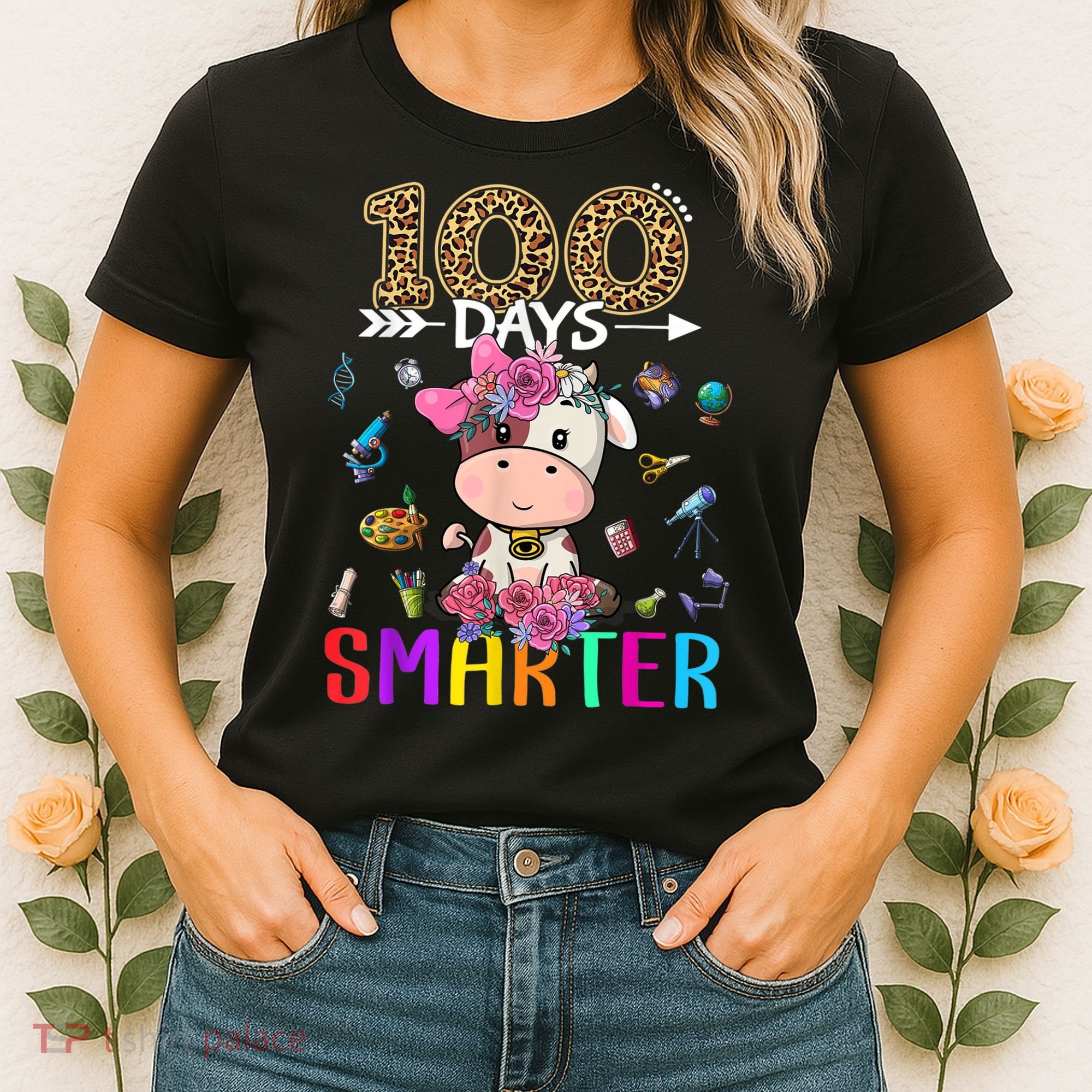 100 Days Smarter Cute Cow  Happy 100th Day of school  Women's T-Shirt