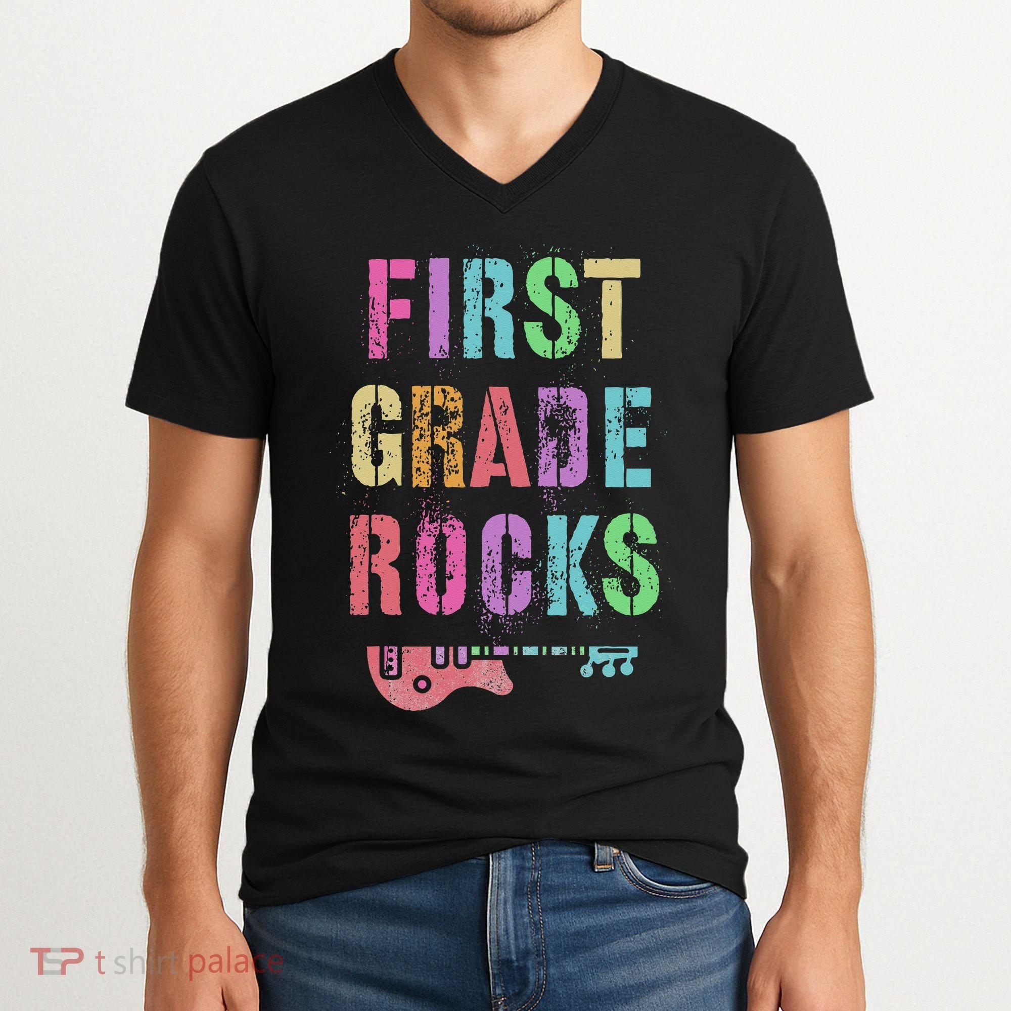 1st GRADE ROCKS Teacher Team Rockstars FIRST Grader Rockstar V-Neck T-Shirt