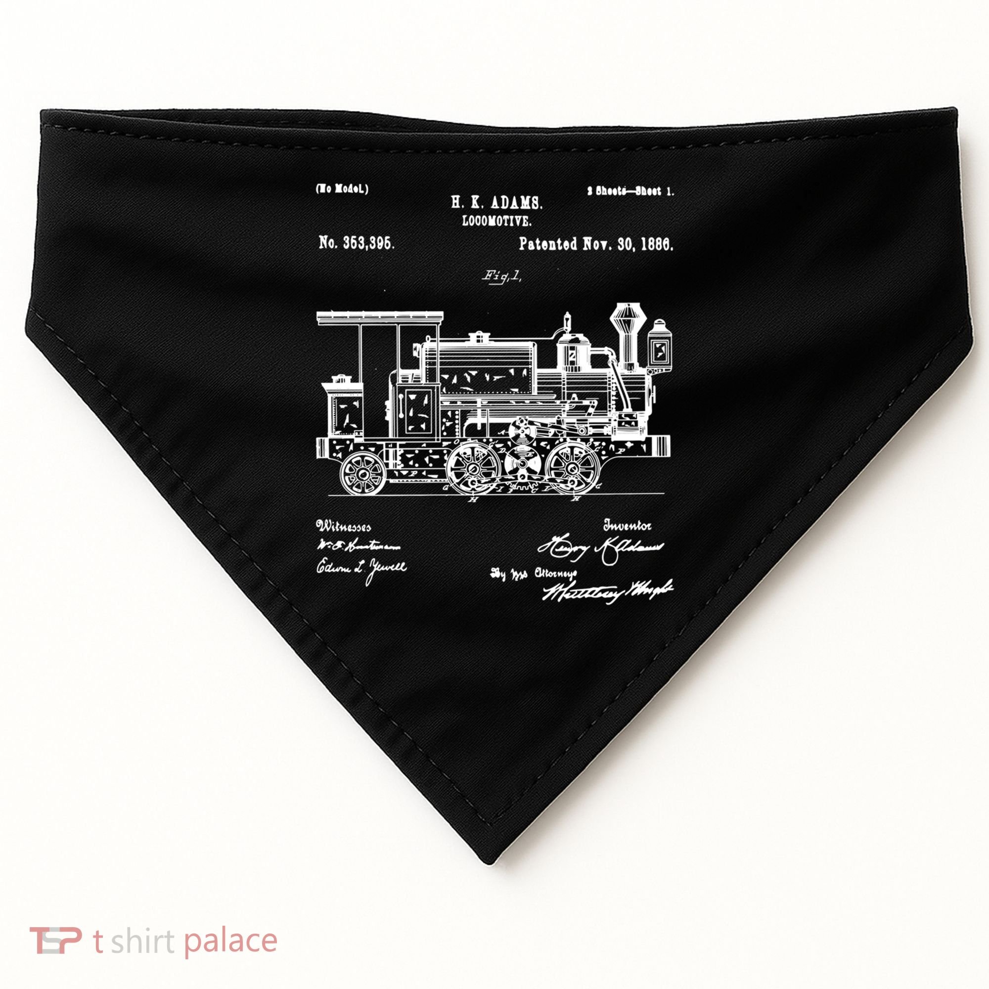 1886 Locomotive Steam Train Gift Retro Patent Blueprint Gift USA-Made Doggie Bandana