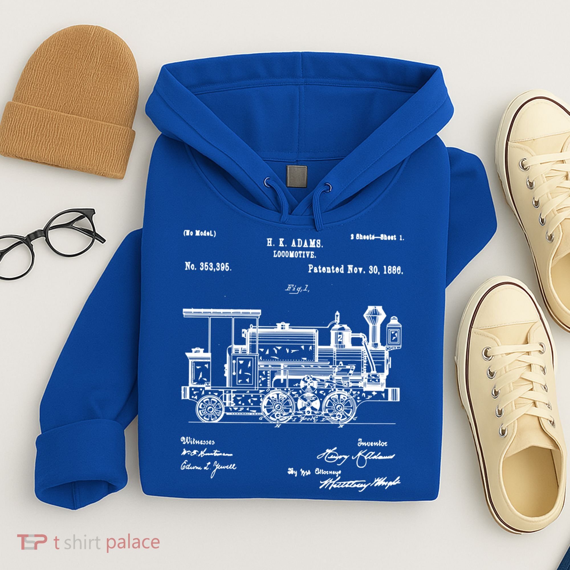1886 Locomotive Steam Train Gift Retro Patent Blueprint Gift Hoodie