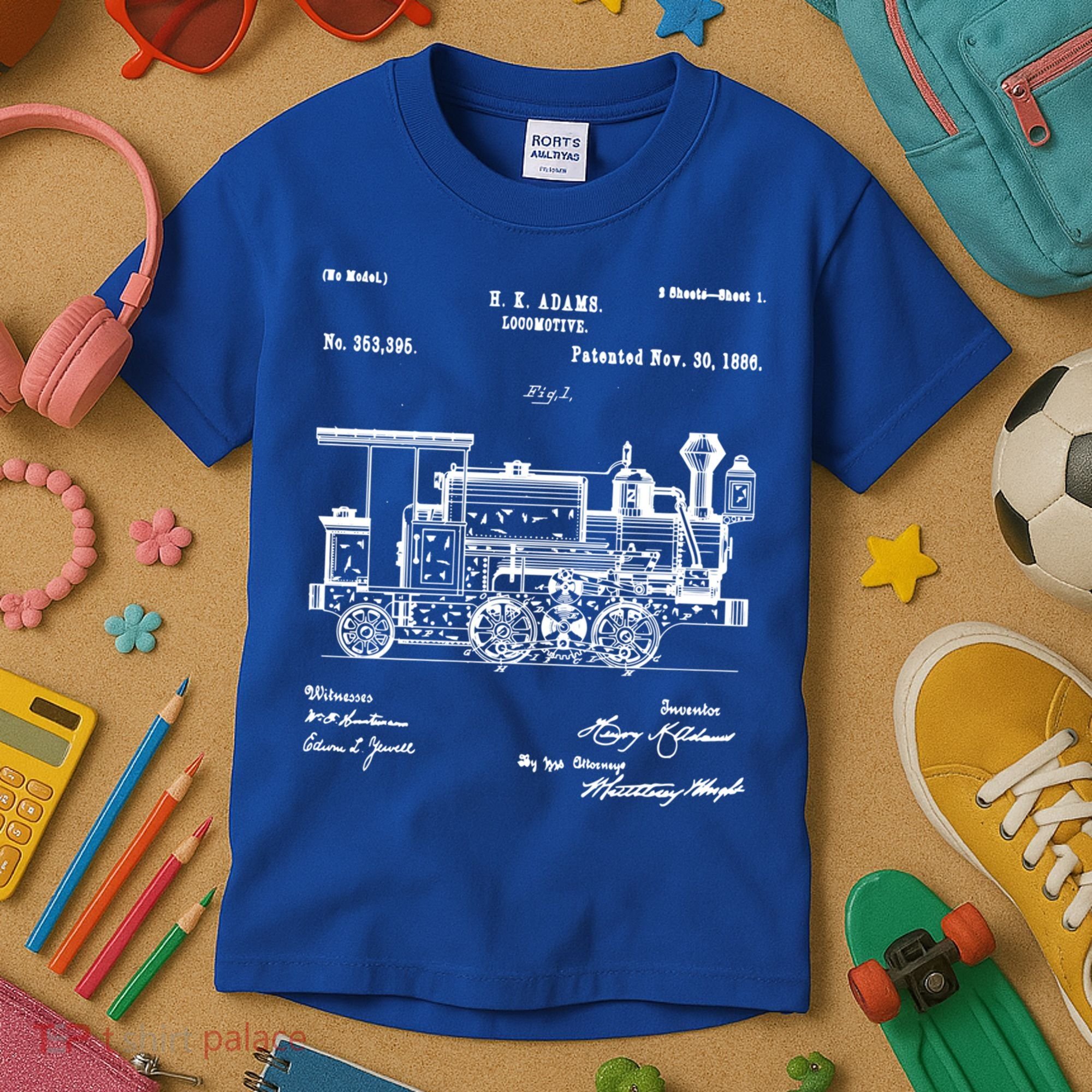 1886 Locomotive Steam Train Gift Retro Patent Blueprint Gift Kids T-Shirt