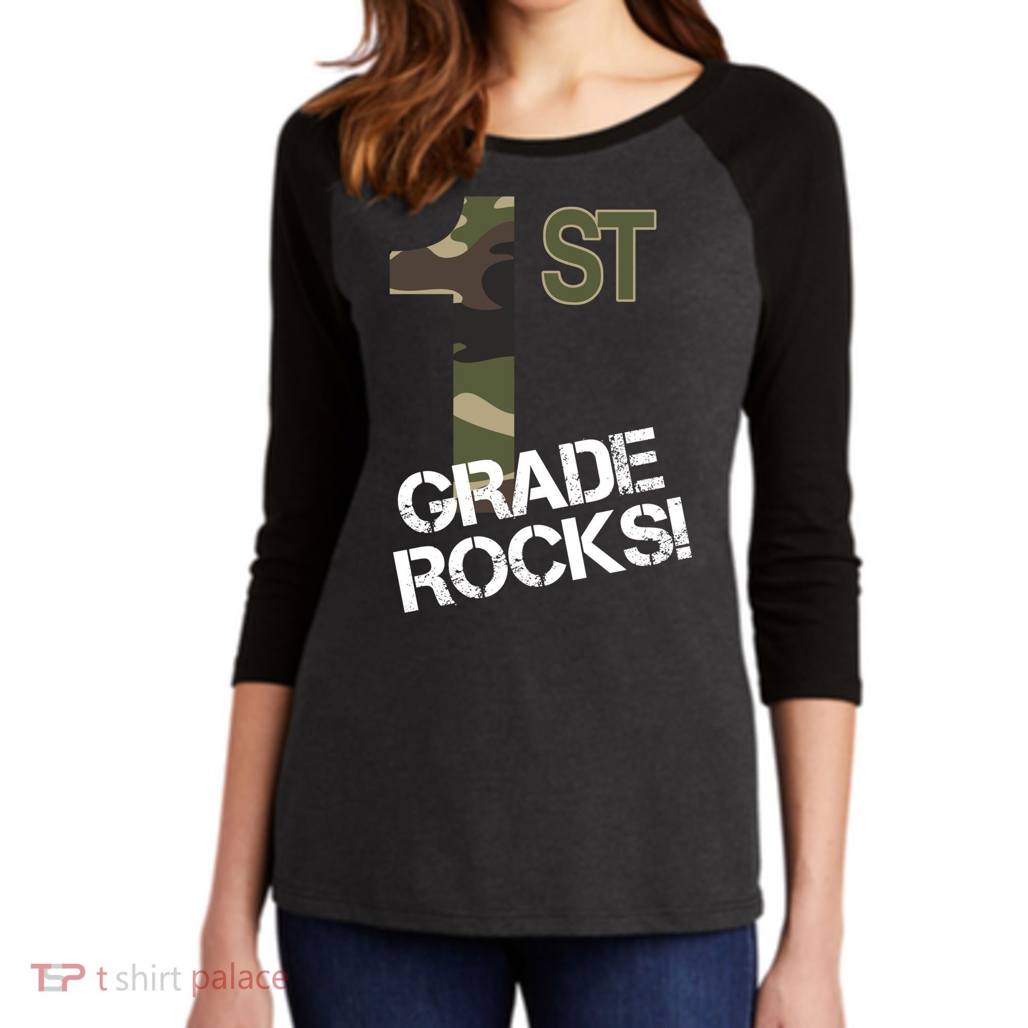 1st Grade Rocks Camo Women's Tri-Blend 3/4-Sleeve Raglan Shirt