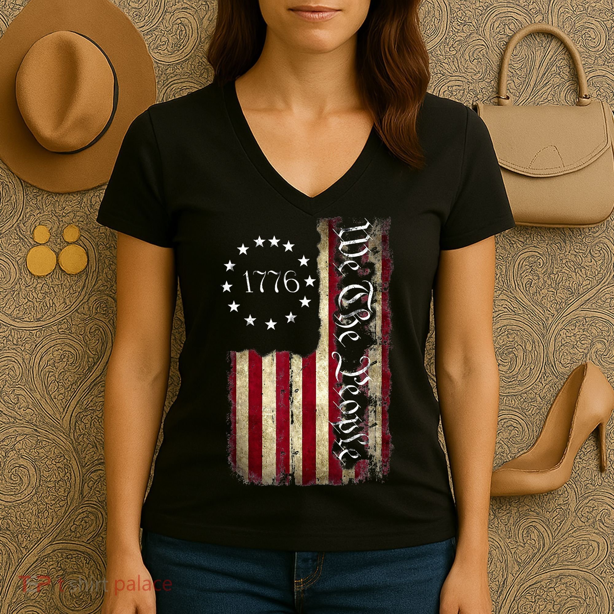 1776 We The People Patriotic American Constitution Women's V-Neck T-Shirt