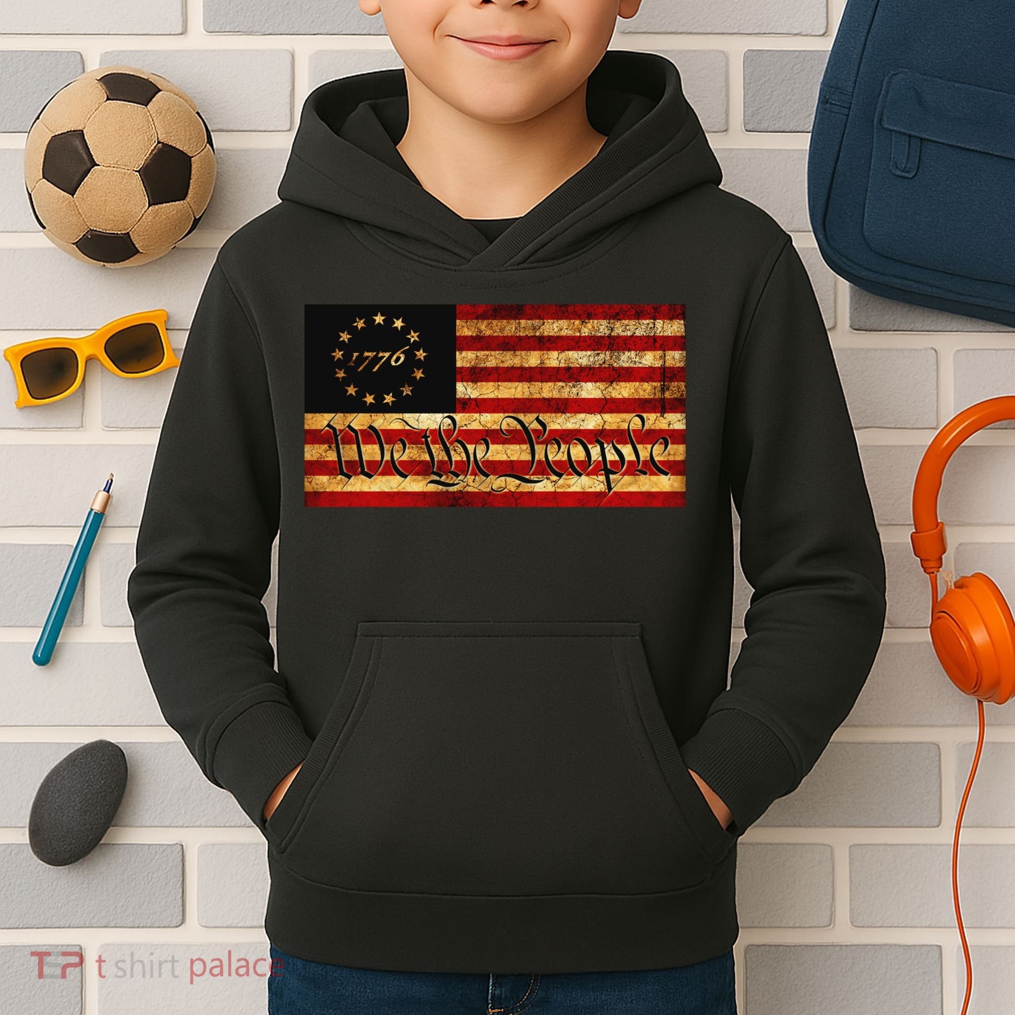 1776 We The People US Flag Visually Aged And Distressed Kids Hoodie