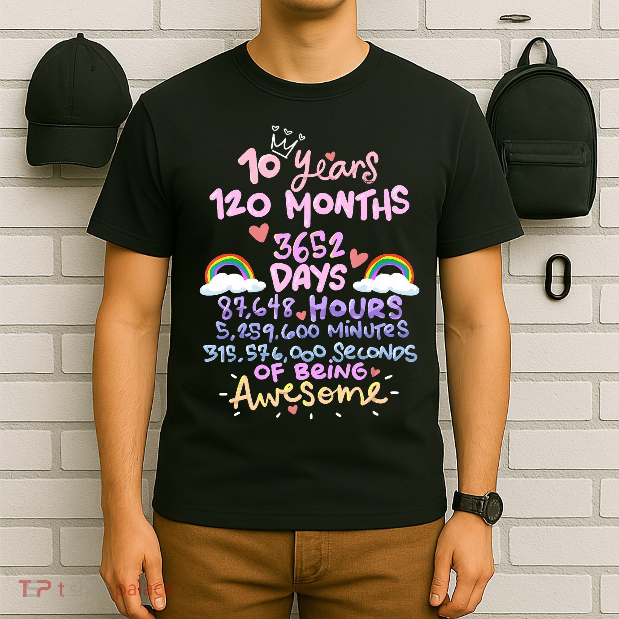 10 Years 120 Months 3652 Days Of Being Awesome 10th Birthday Cute Rainbow T-Shirt