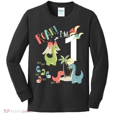 1 Year Old Roar Im 1 1st Birthday Boy T Rex Dinosaur Kids Long Sleeve Shirt