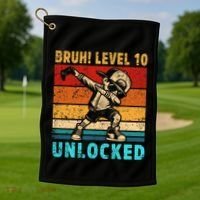 10 Year Old Birthday Dabbing Boy Bruh 10th Level Unlocked Golf Towel thumb 1