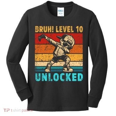 10 Year Old Birthday Dabbing Boy Bruh 10th Level Unlocked Kids Long Sleeve Shirt
