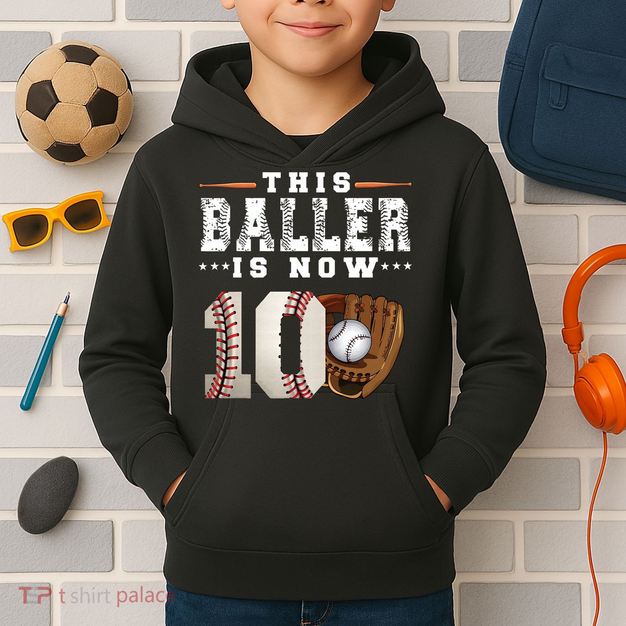 10 Years This Baller Is Now 10 Baseball 10th Birthday Kids Hoodie